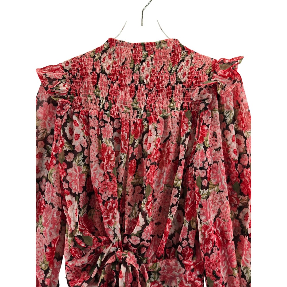 Bardot Remi Floral Blouse Pink Gardenia Smocked Mock Neck Tie Back Top US 6 S - Picture 6 of 11